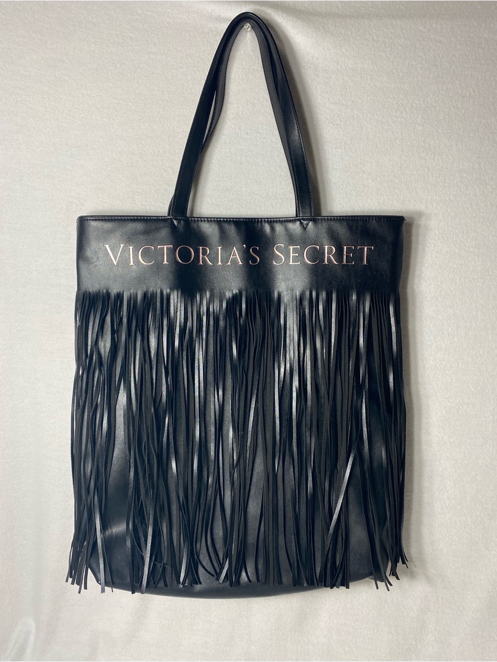 Victoria’s Secret Large Black Fringe Weekender Tote  Bag Faux Leather 16x16x4”